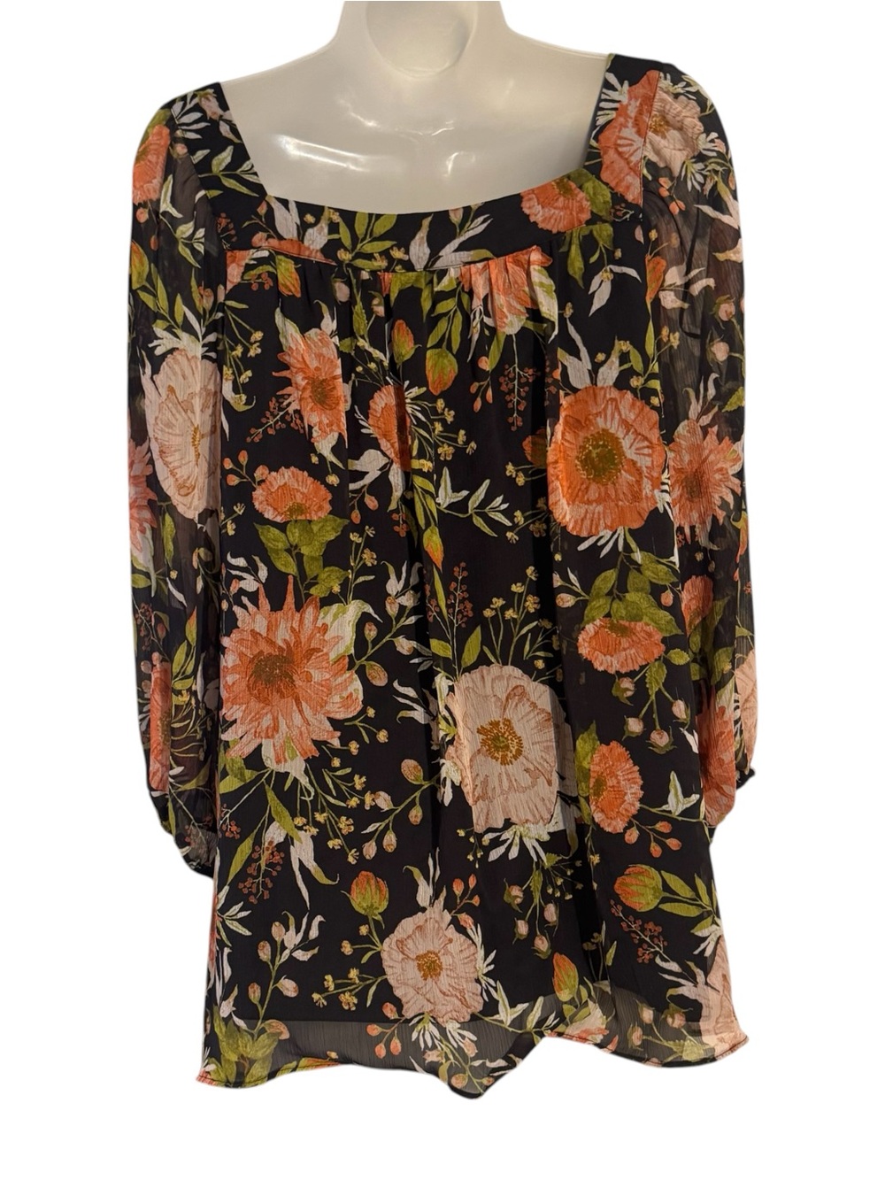 Floral Square-Neck Peasant Blouse in Black and Coral PLUS: 1X #G - Picture 6 of 9